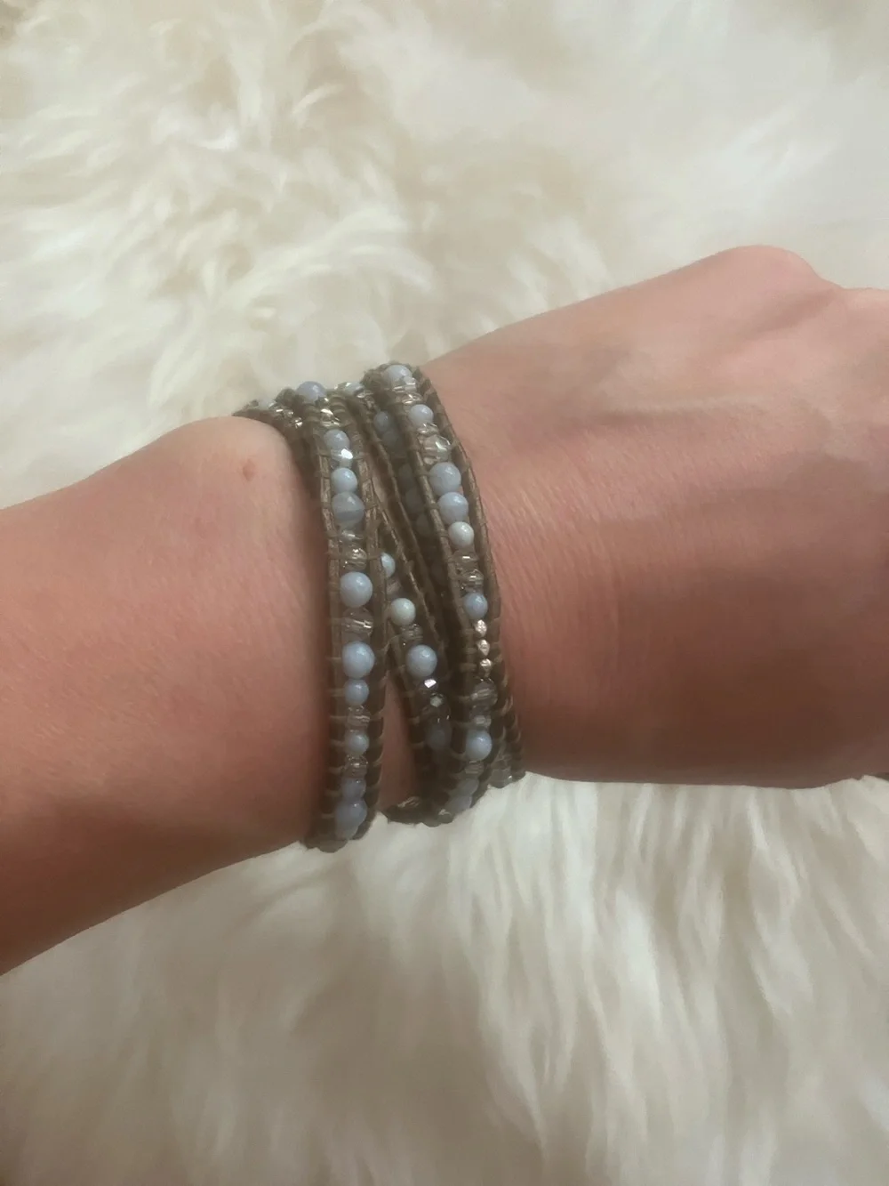 Chan Luu Light Blue Bead Crystal Wrap Bracelet with storage beaded bad
